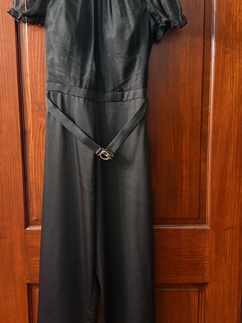 Mac Duggal Black Long-Sleeve Jumpsuit with Sheer Puff Sleeves and Waist Belt